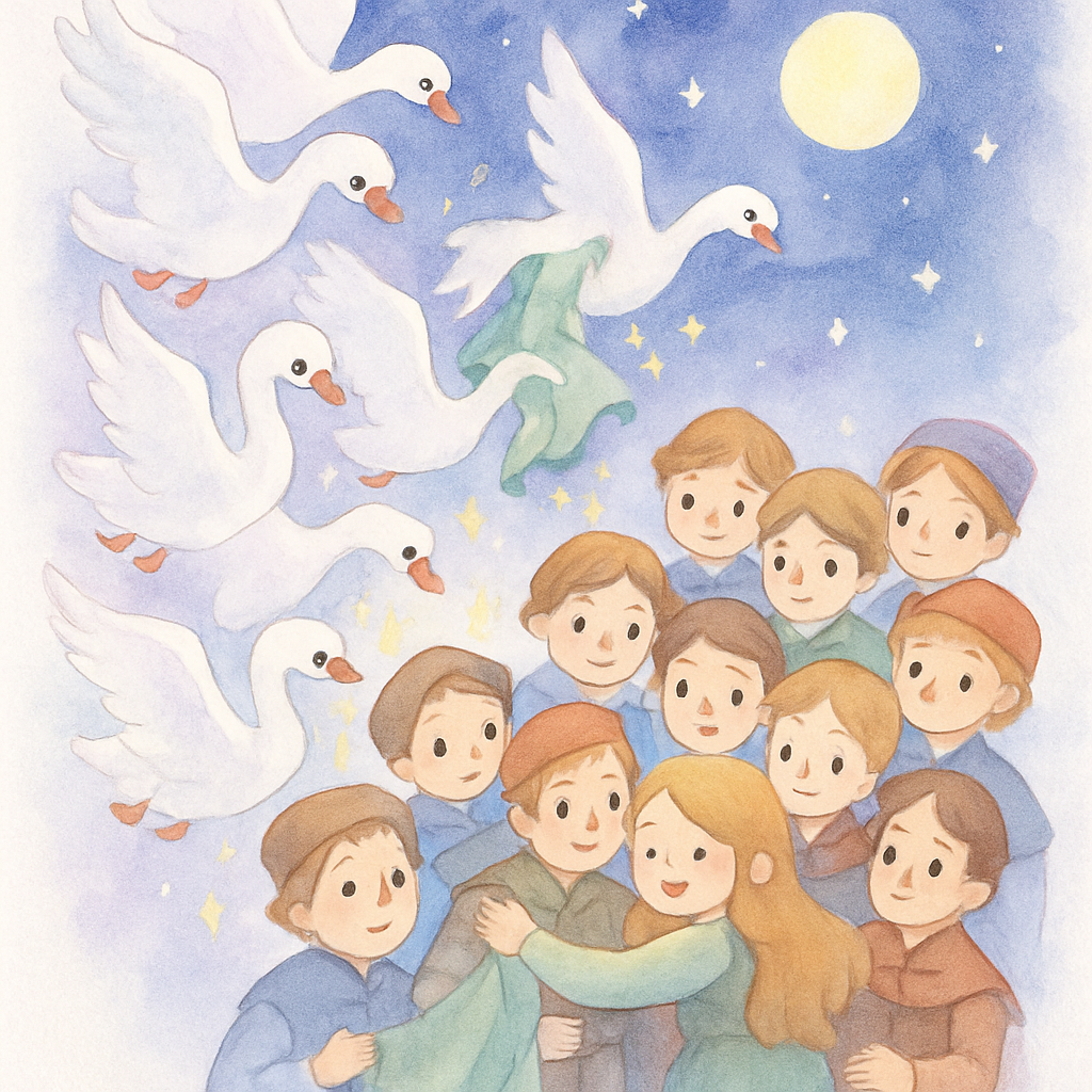 백조들이 날아와 옷을 입고 다시 왕자로 변하여 여동생과 기쁘게 재회하는 장면